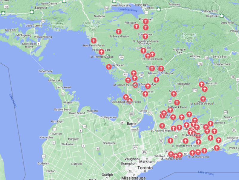 Parishes of the Diocese plotted on the map of Ontario